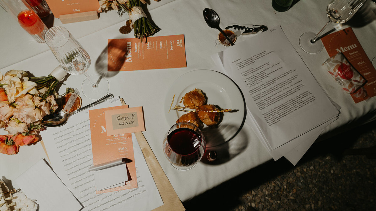 Messy table after wedding speeches at Chateau Canet in Carcassonne. 