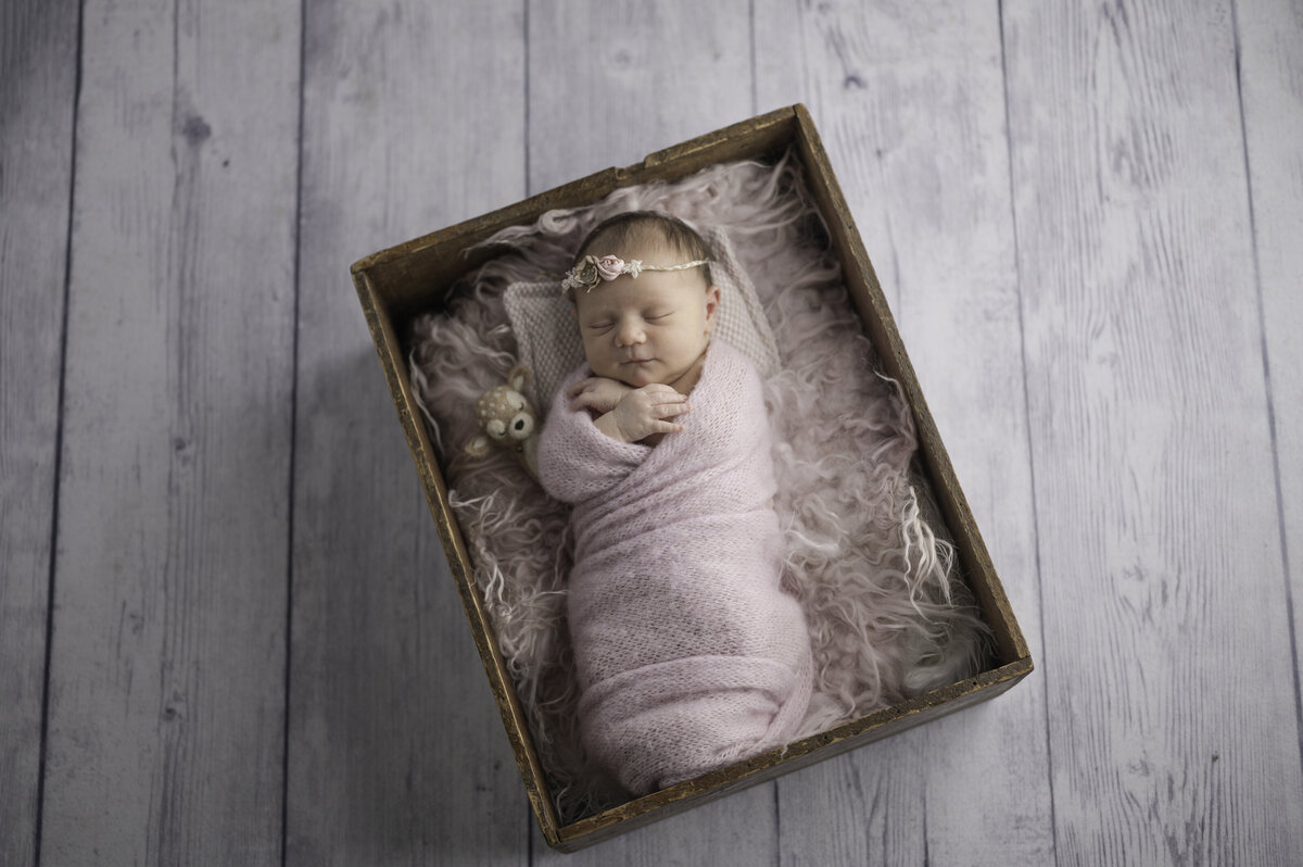 Baby girl sleeping in pink blanket at Always Images Granger Indiana area photography studio for newborn pictures.