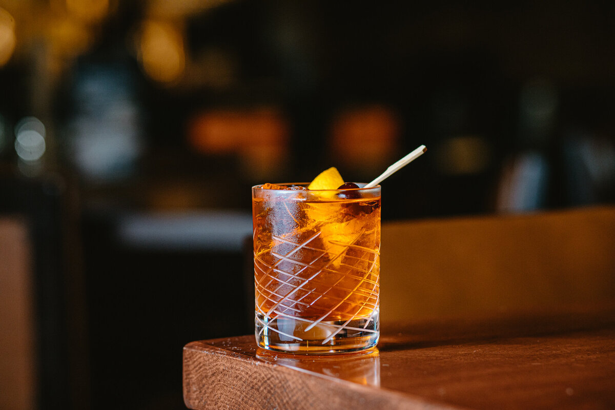 An Old Fashioned cocktail sits on a table at the Windsor Mill Tavern in Windsor, Colorado.