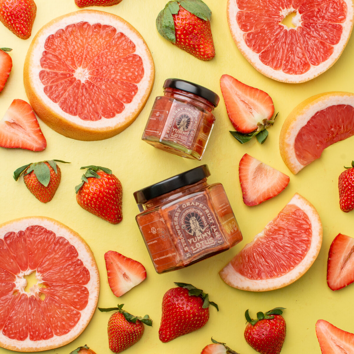 Yummy Lotus Pepper Jams Strawberry Grapefruit commercial food photography.