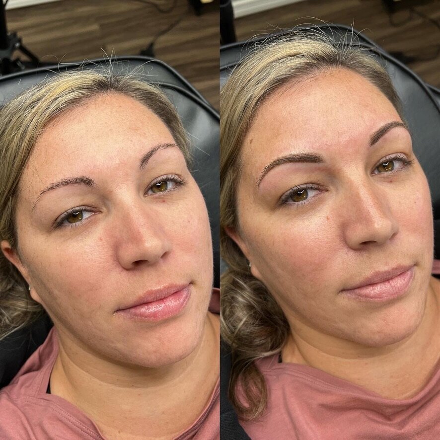 Woman with thin eyebrows filled in with powder brows.