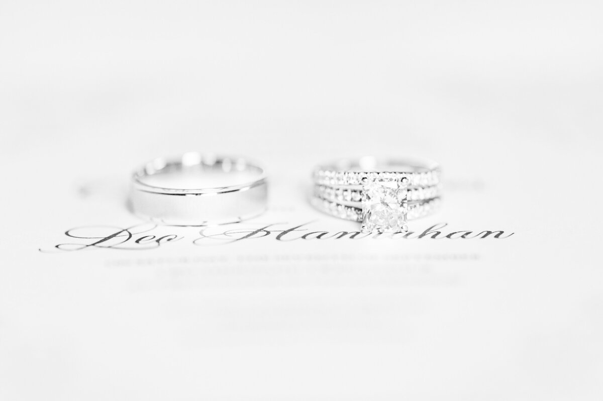 close up of wedding bands on invitation