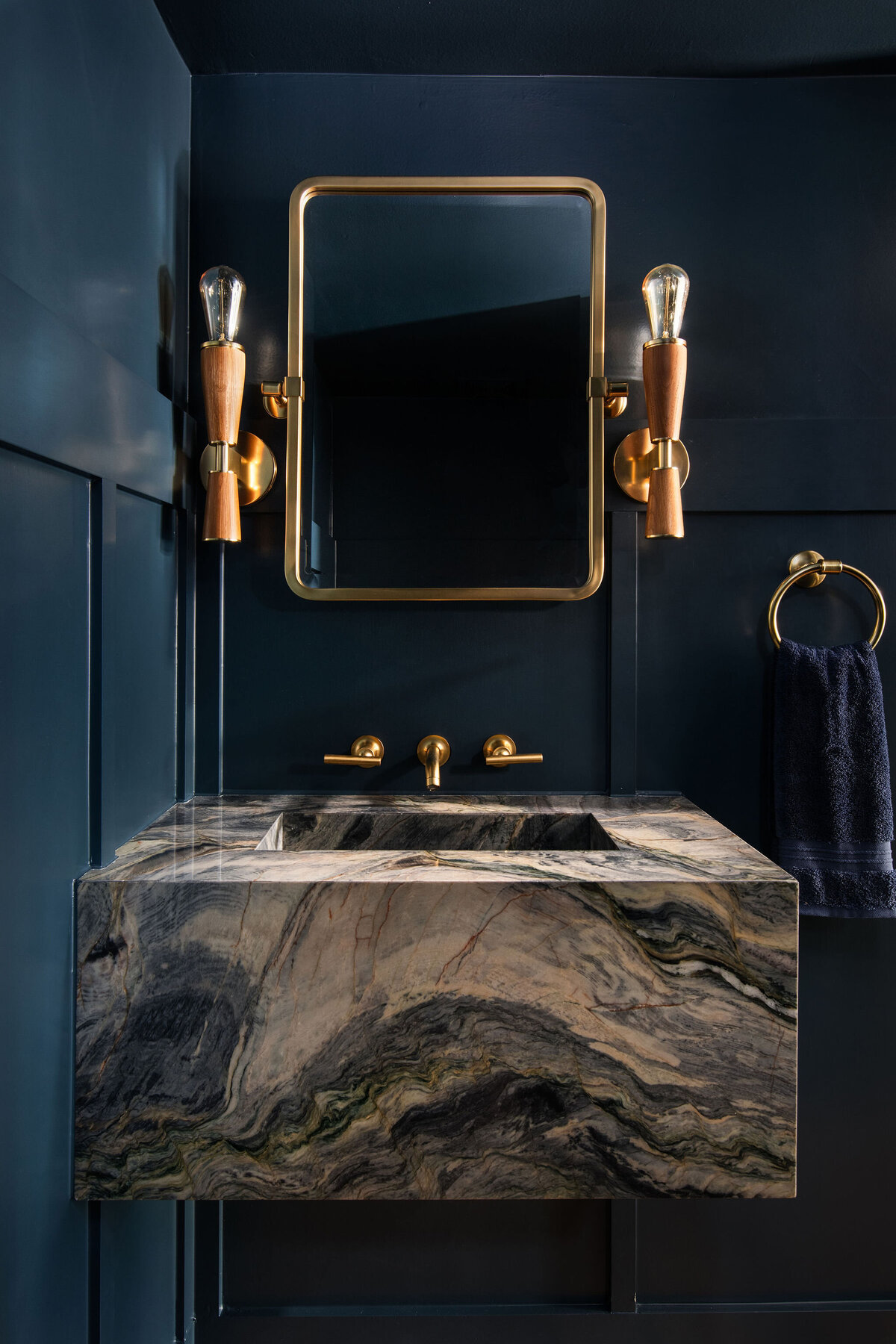 Color Drenched Modern Powder Bath Moody Marble Sink 1
