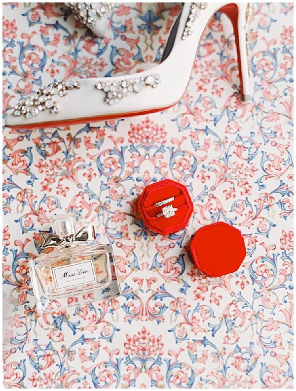Christian Louboutin Wedding Shoes and Red Velvet Ring Box © Bonnie Sen Photography