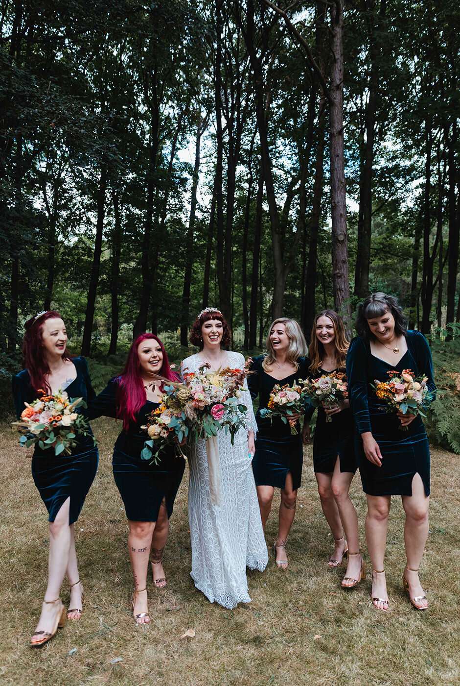 Alternative bride and her bridesmaids in black at The Pumping House Ollerton