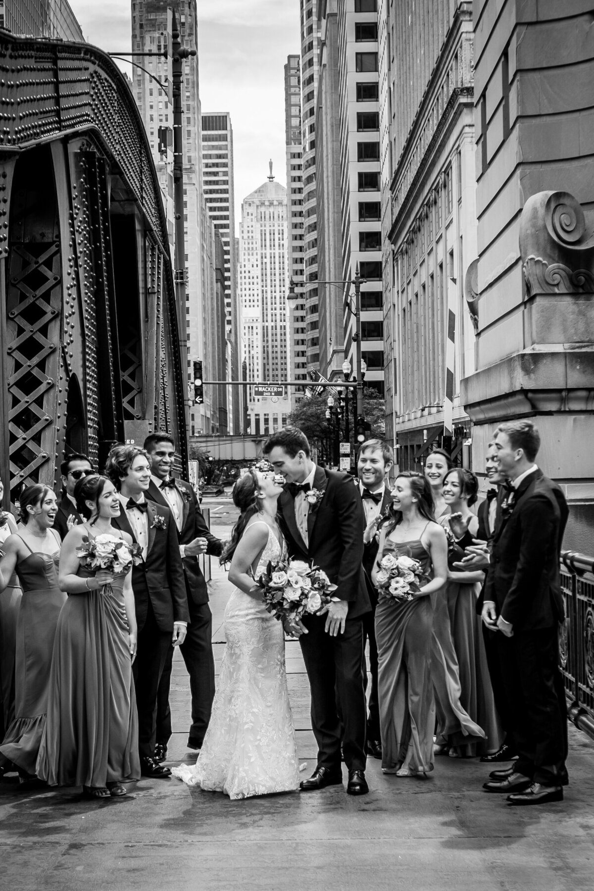 Wedding party on Lasalle Street Bridge