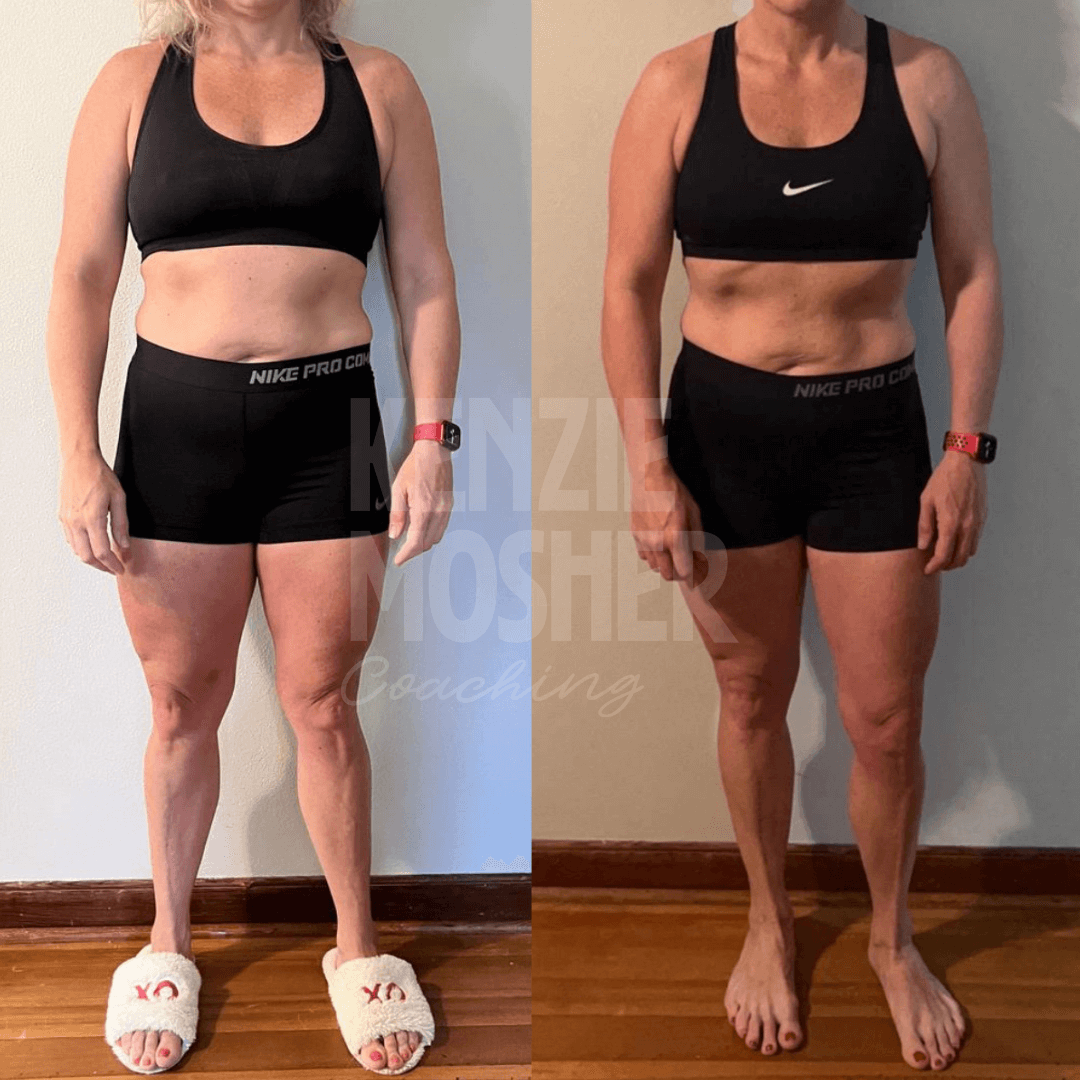 Sustainable fat loss achieved through Kenzie Mosher’s six-month functional coaching protocol.