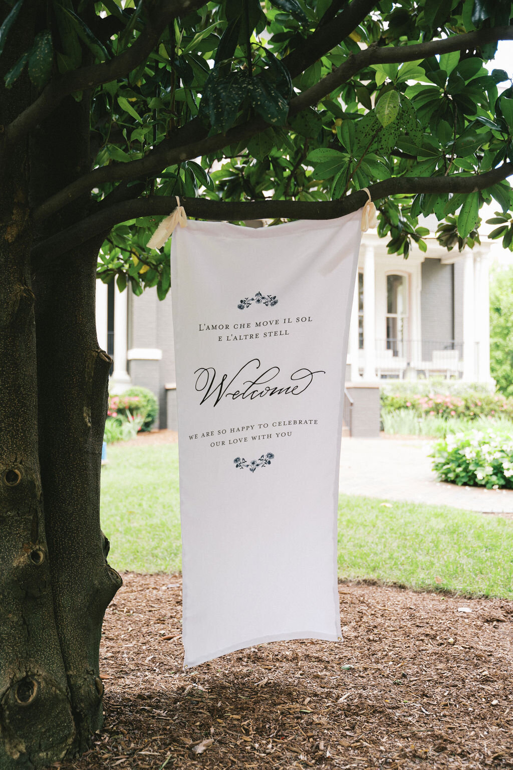 Linen Romantic Hanging welcome sign _Heights House Fall Wedding_Katie Stoltz_Photography