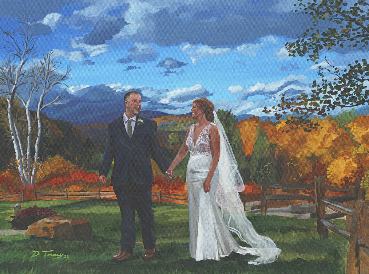 Painting of a bride and groom outdoors