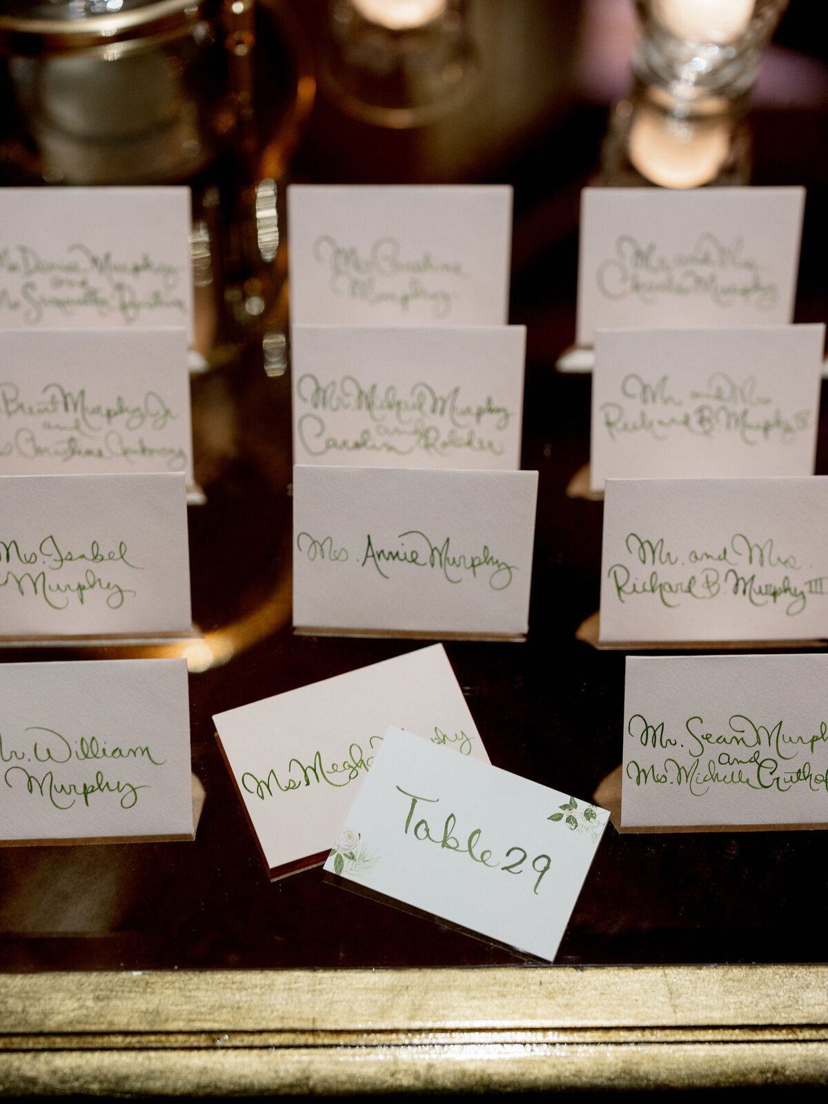 Close up of the wedding table assignments. 