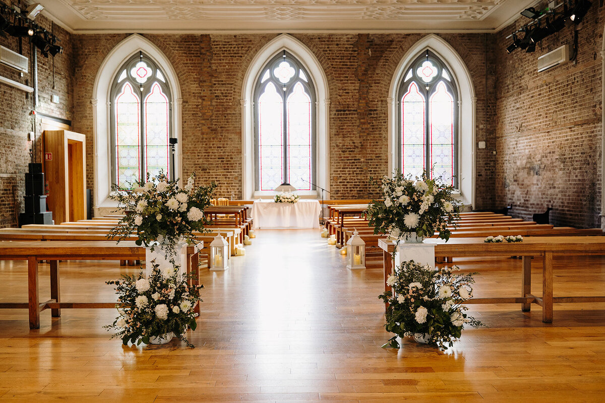 Wedding ceremony and decor at Smock Alley in Dublin, Ireland