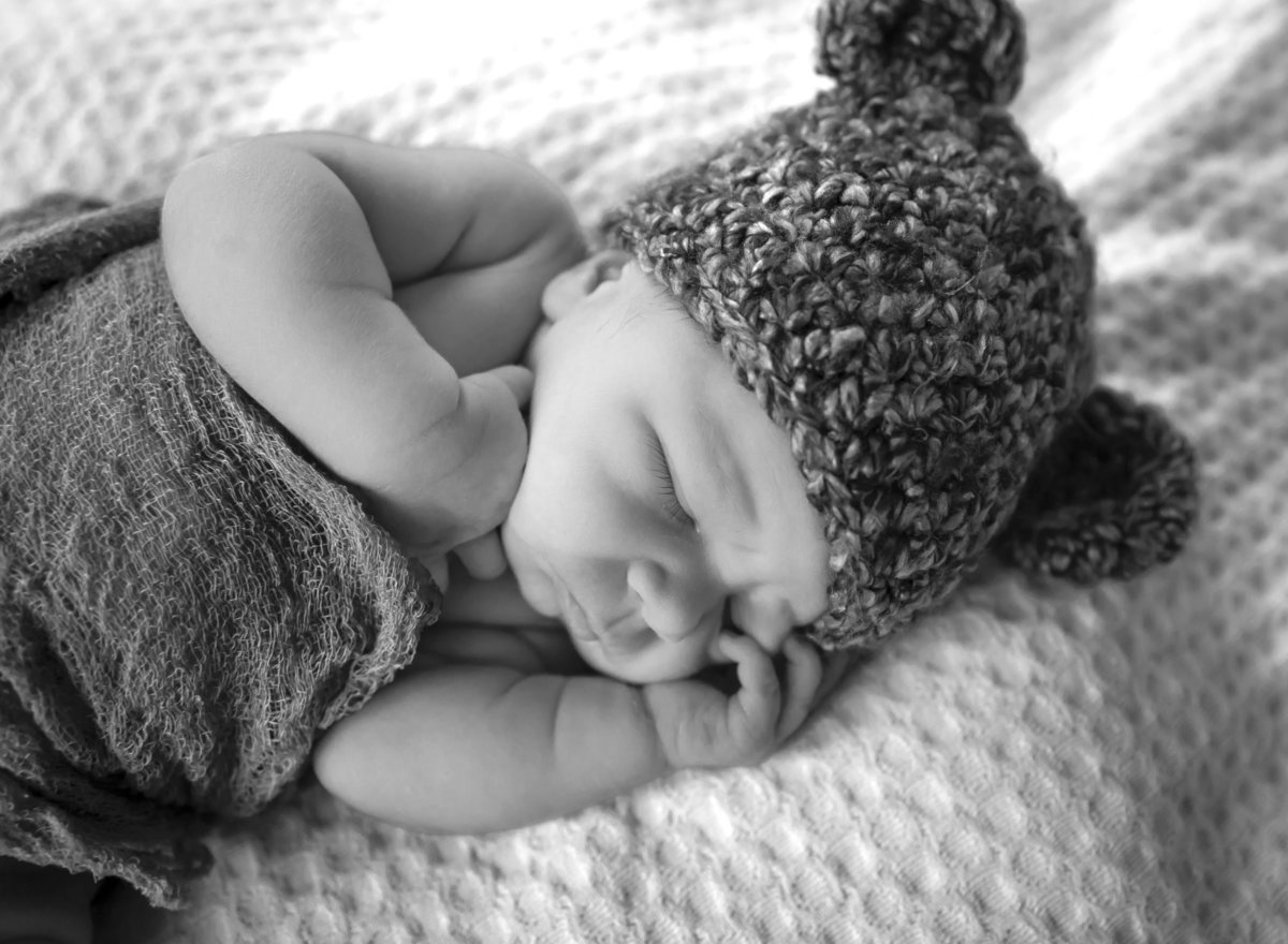 bear hat close up bw