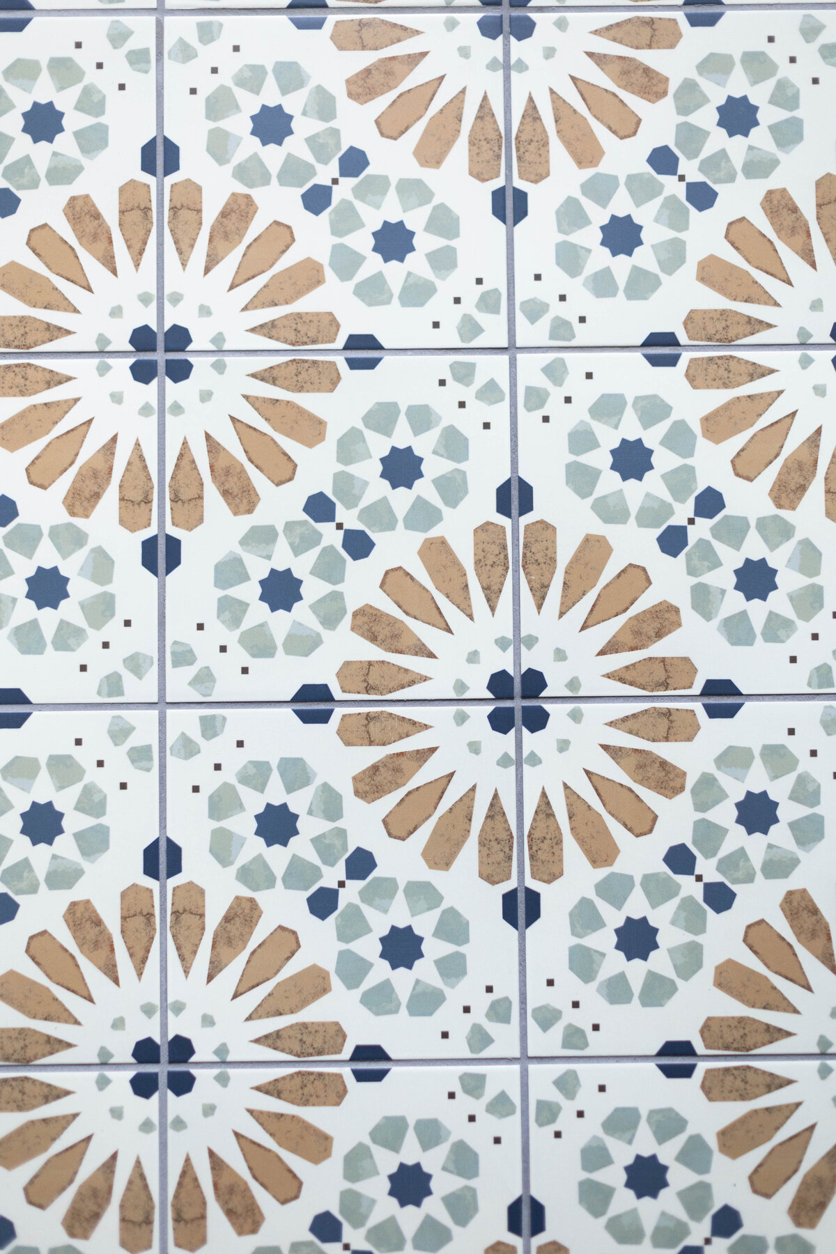 Detail of tile with geometric print in blue and brown