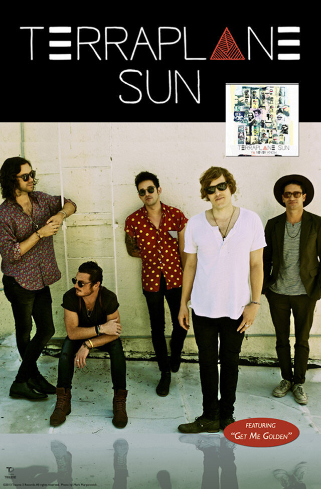 Band Poster Terraplane Sun all five members standing against white concrete wall partial reflections on ground in front of them includes QR code