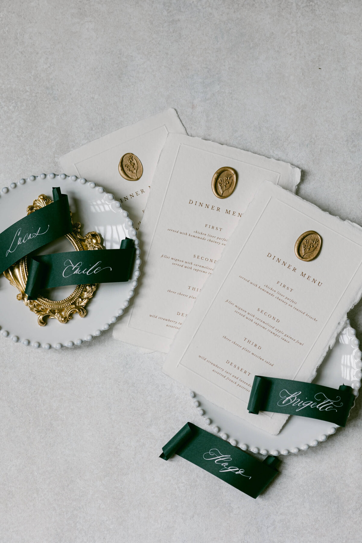 A weeding photo of the dinner menu at Chateau de Jalesnes in France