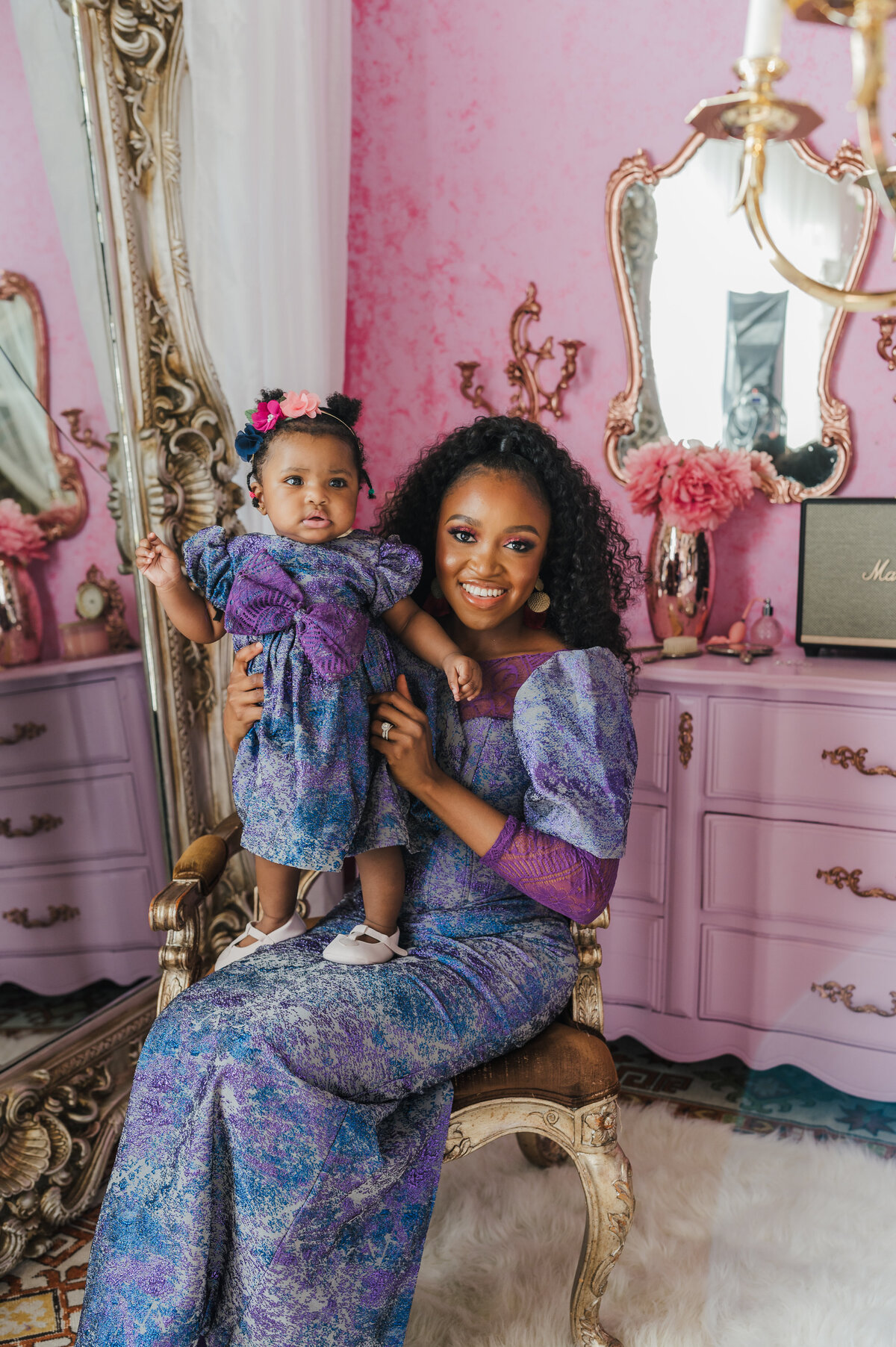 black women in purple dress at pink studio dallas birthday portrait