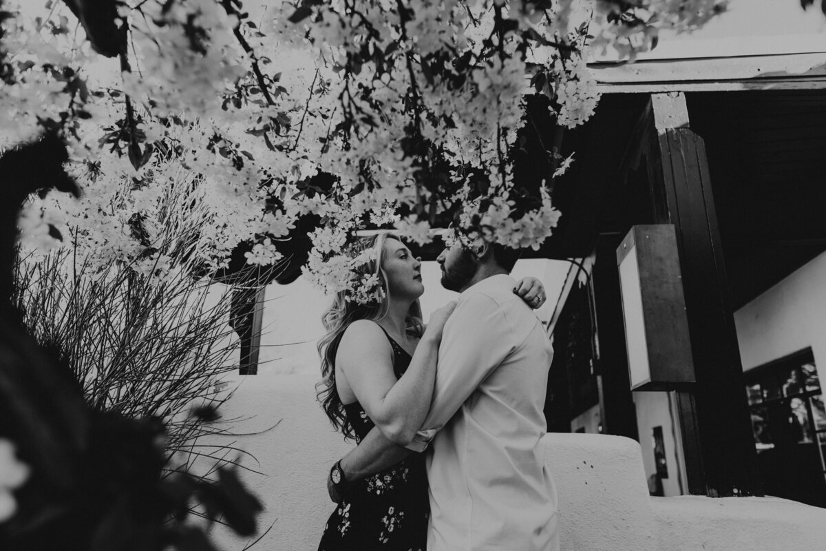 couple standing in a tree with spring blooms