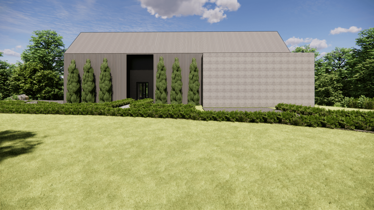 Modern building with a tall, gray, gabled roof, flanked by slender trees and hedges. A paved path leads to the entrance. The structure features a textured wall on the side, set against a backdrop of lush greenery and a partly cloudy sky.
