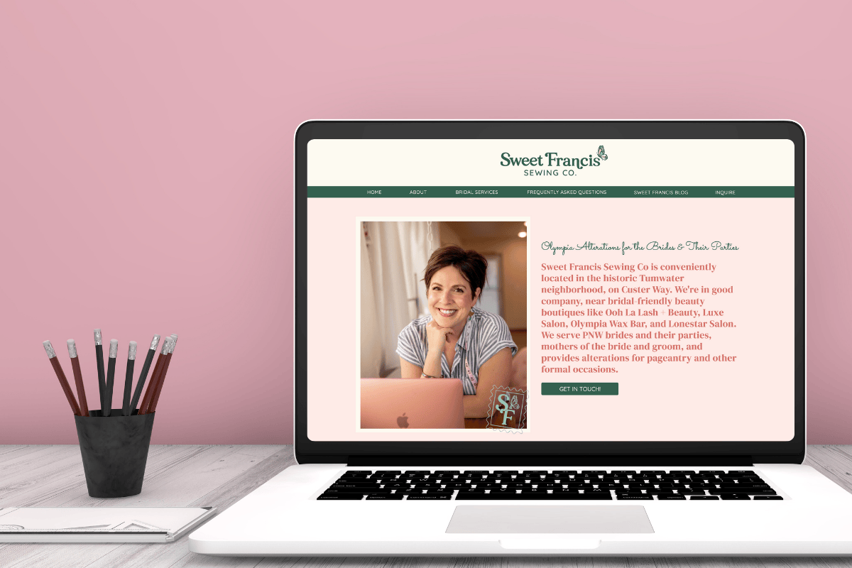 custom Showit website design for Sweet Francis Sewing Co, a bridal alteration in Olympia and Tumwater