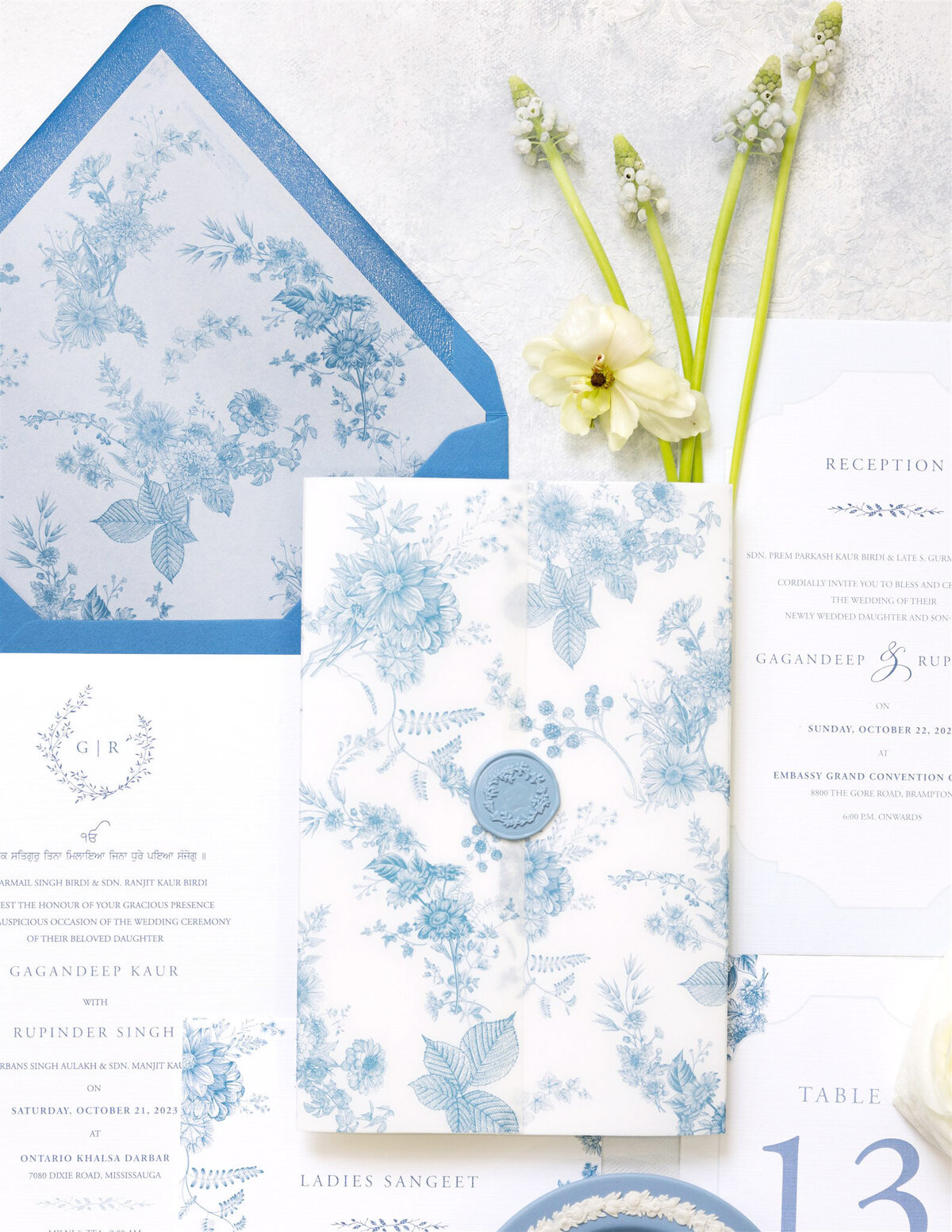 Blue florals Sikh wedding invitation 5