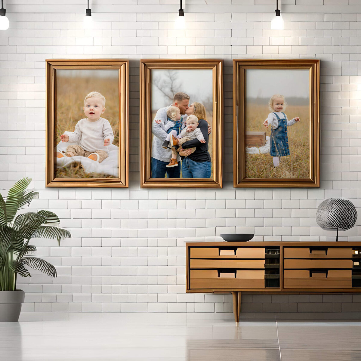 Contemporary hallway displaying three framed family portraits.