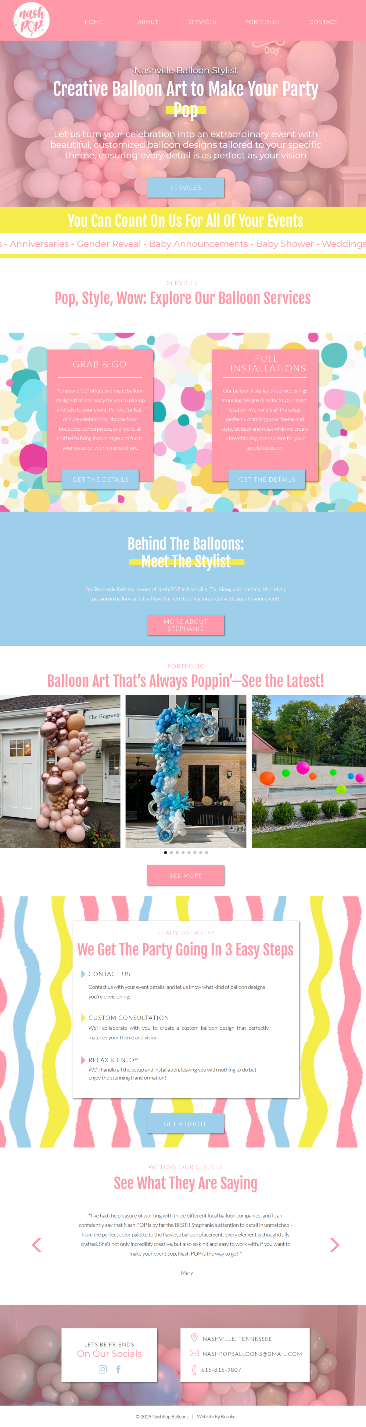 Home page, services page, etc for Nash Pop Balloons.