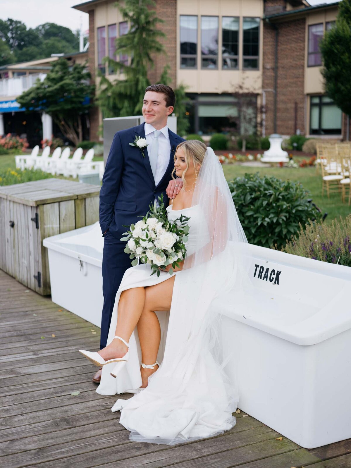 Bride and groom by the water at Cleveland Yachting Club