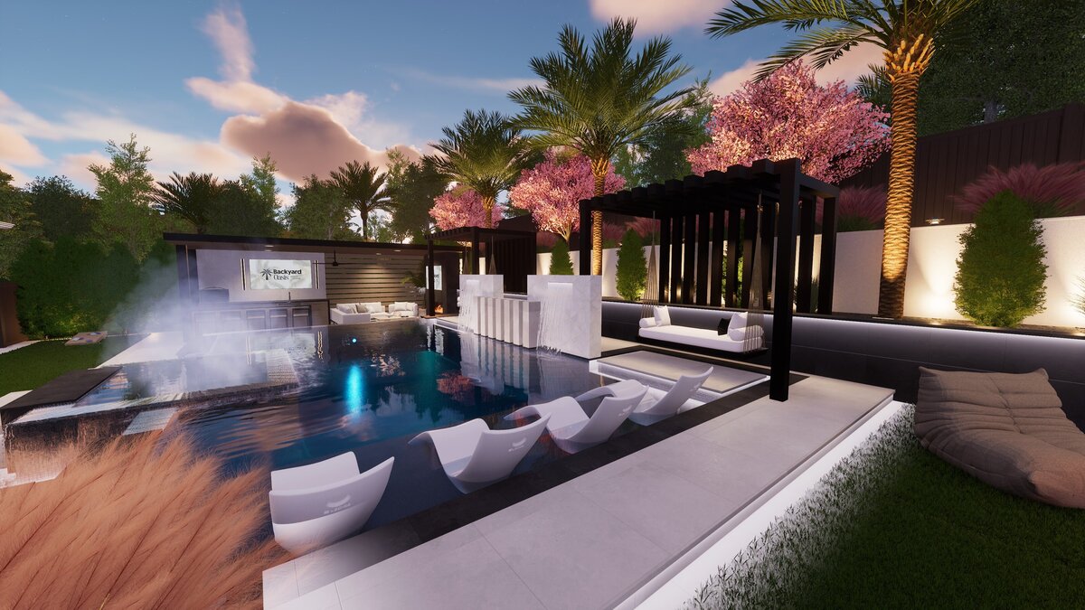 Contemporary backyard design with luxury entertainment areas and a firepit lounge area focal point.