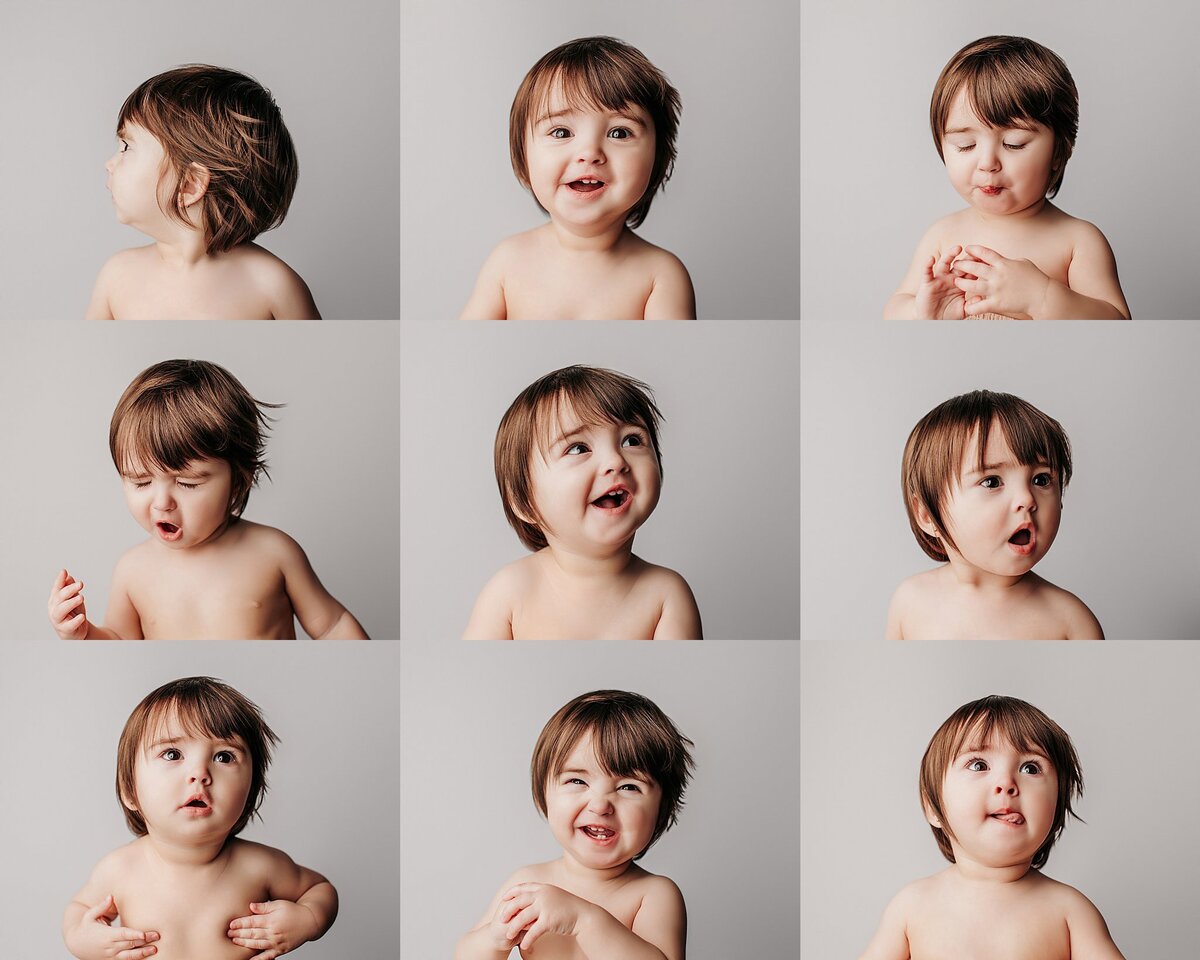 Playful baby exploring props during happy studio milestone session