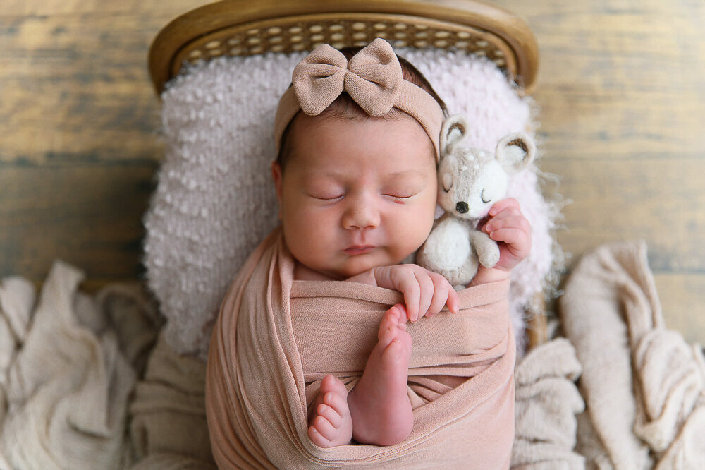 newborn girl holding a fawn in a tiny bed.