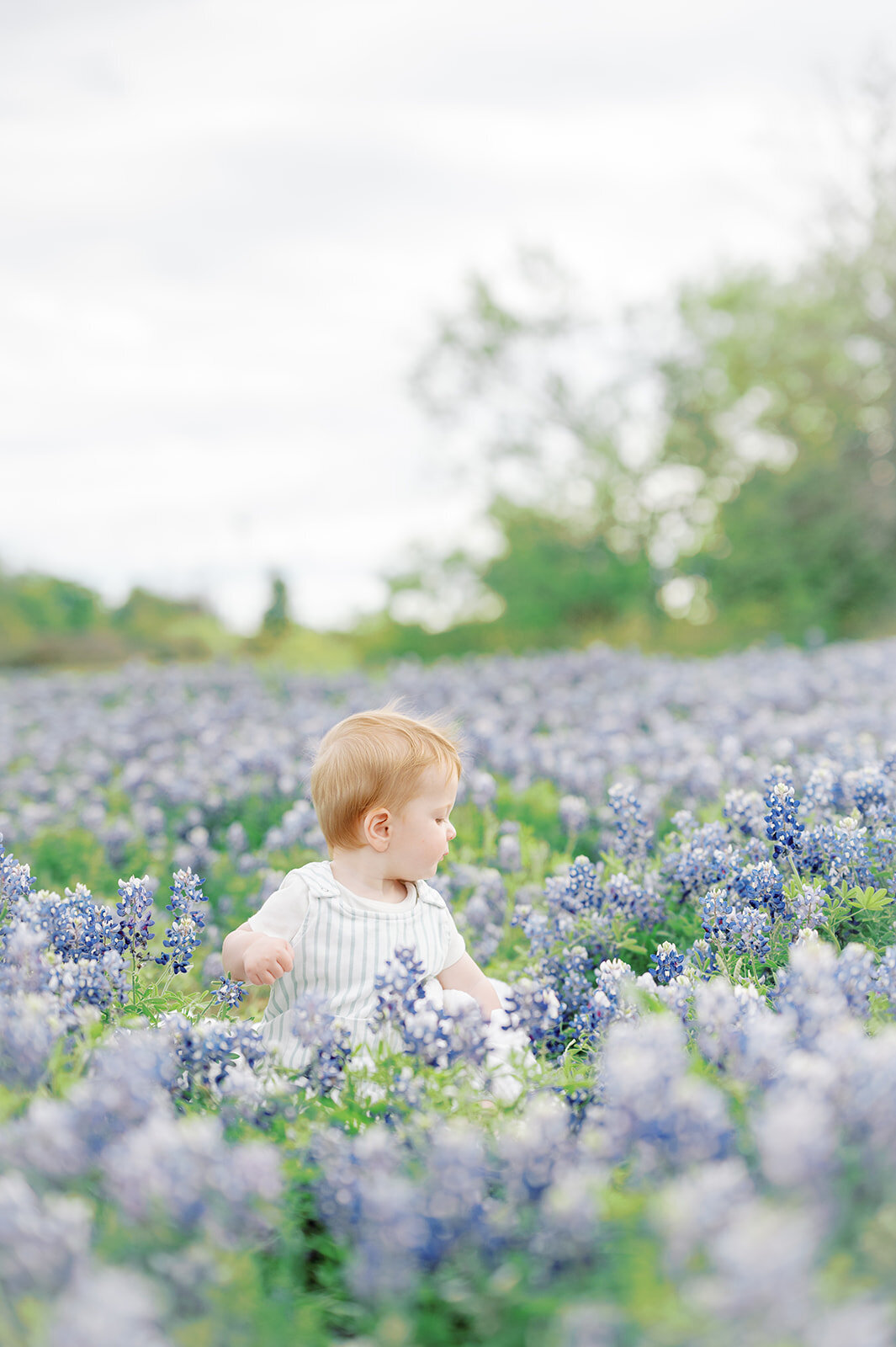 Young boy in overalls playing with flowers