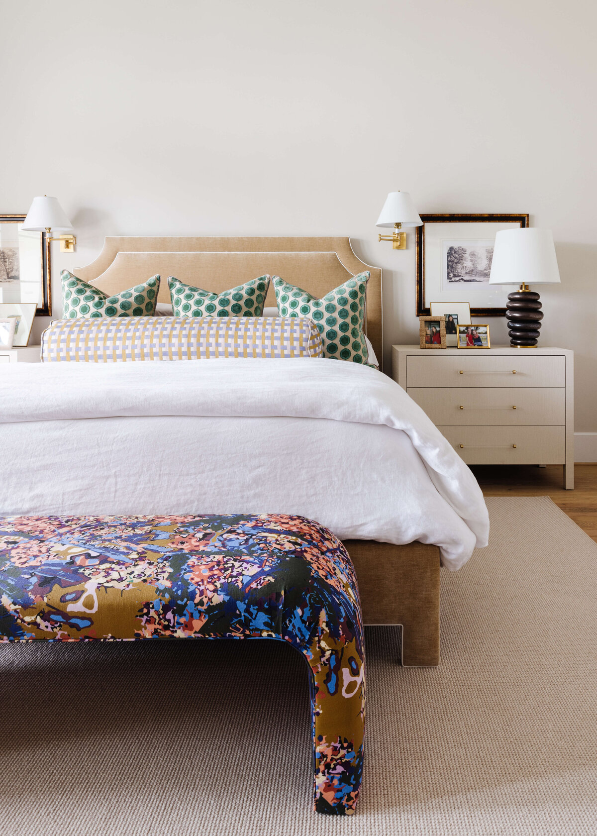 oyster creek studios missouri city new build bedroom with tan bed frame and blue floral stool