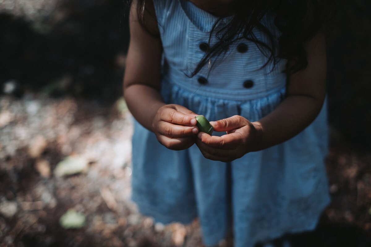 A little girl wearing a blue dress holds a green acorn in a London park