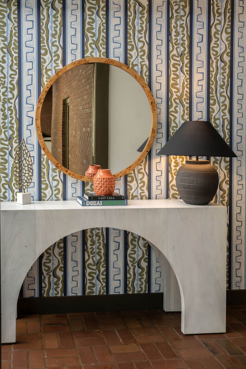 sweet southern home mid mod accent mirror and side table with black accent lamp