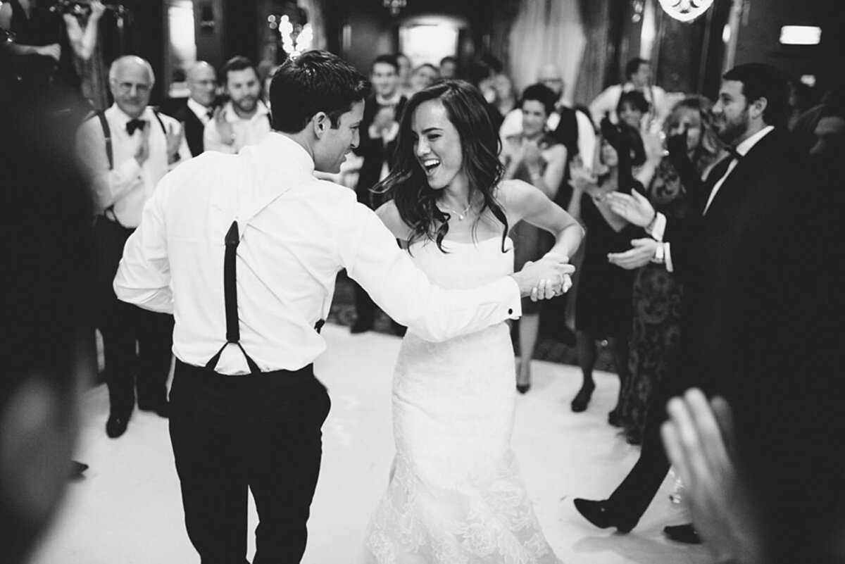Bride and groom dancing during wedding reception