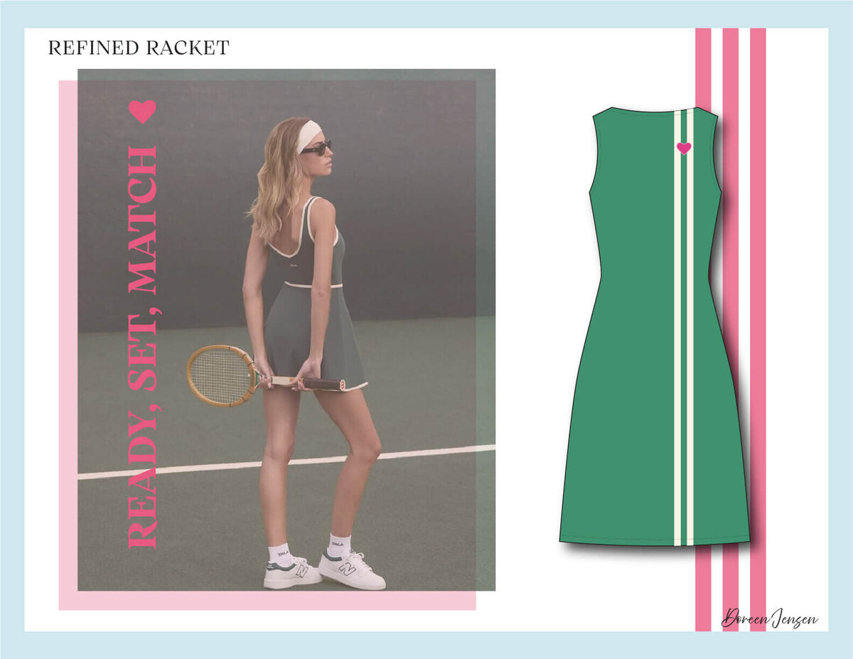 Tennis dress design from Doreen Apparel’s Refined Racket collection in green and pink stripe accents, styled for modern activewear with elevated preppy detailing.