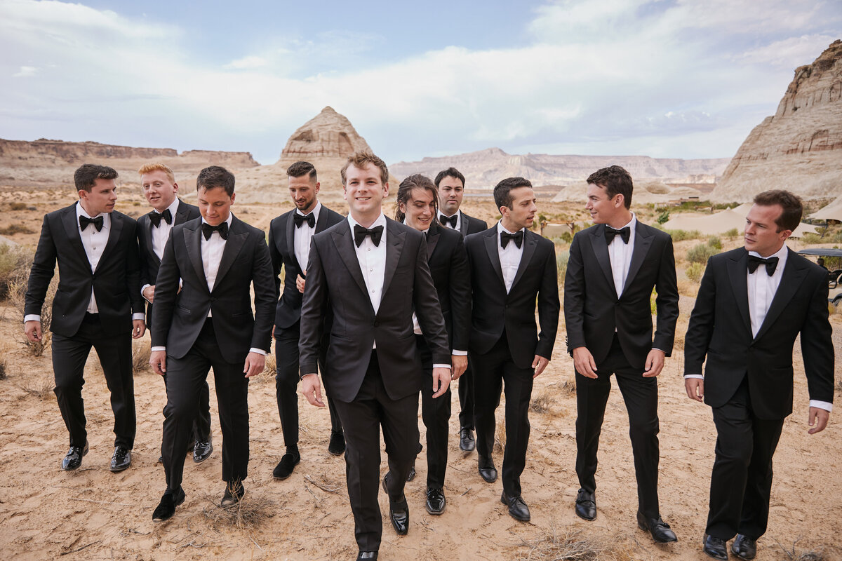 Groom with his groomsmen in the desert at Amangiri