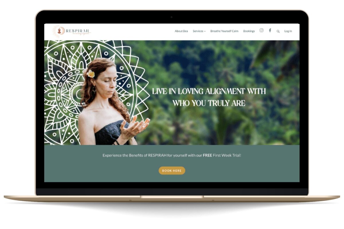 Device mockup showing Respirah website on apple macbook, custom website design by Rachelle Deem for wellness coach
