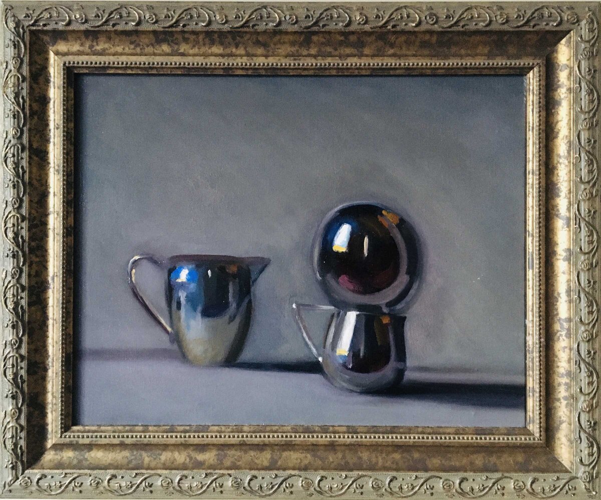 Still life oil painting of 2 pewter jugs and an orb