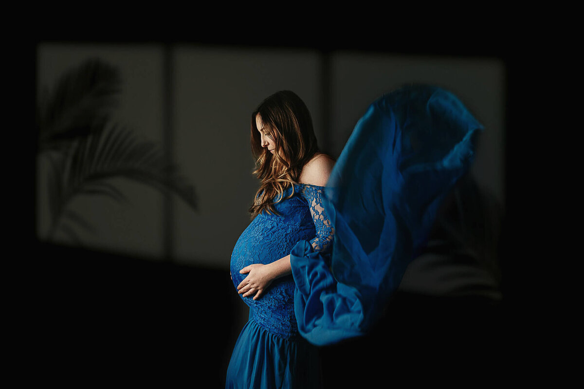 Maternal portrait of a mom wearing a blue dress holding her belly, on a dark background with a shadow of a window and plants.