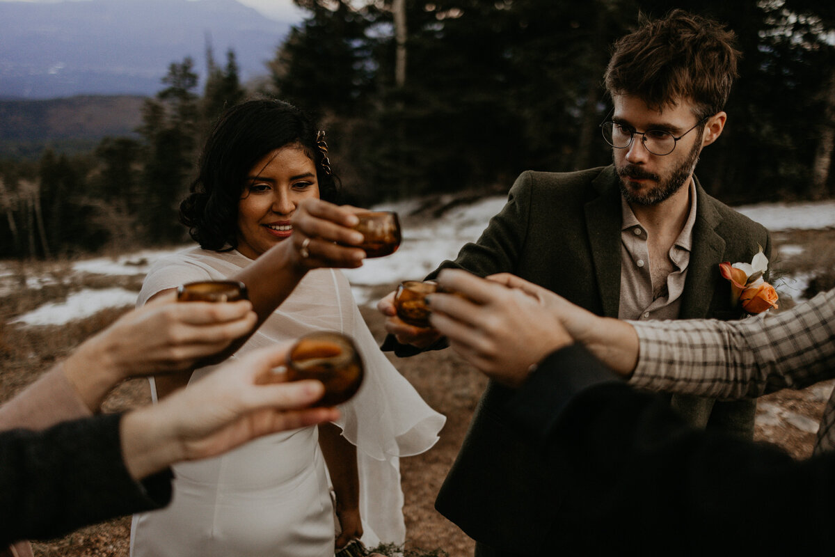 bride adn groom toasting with friends after elopement ceremony