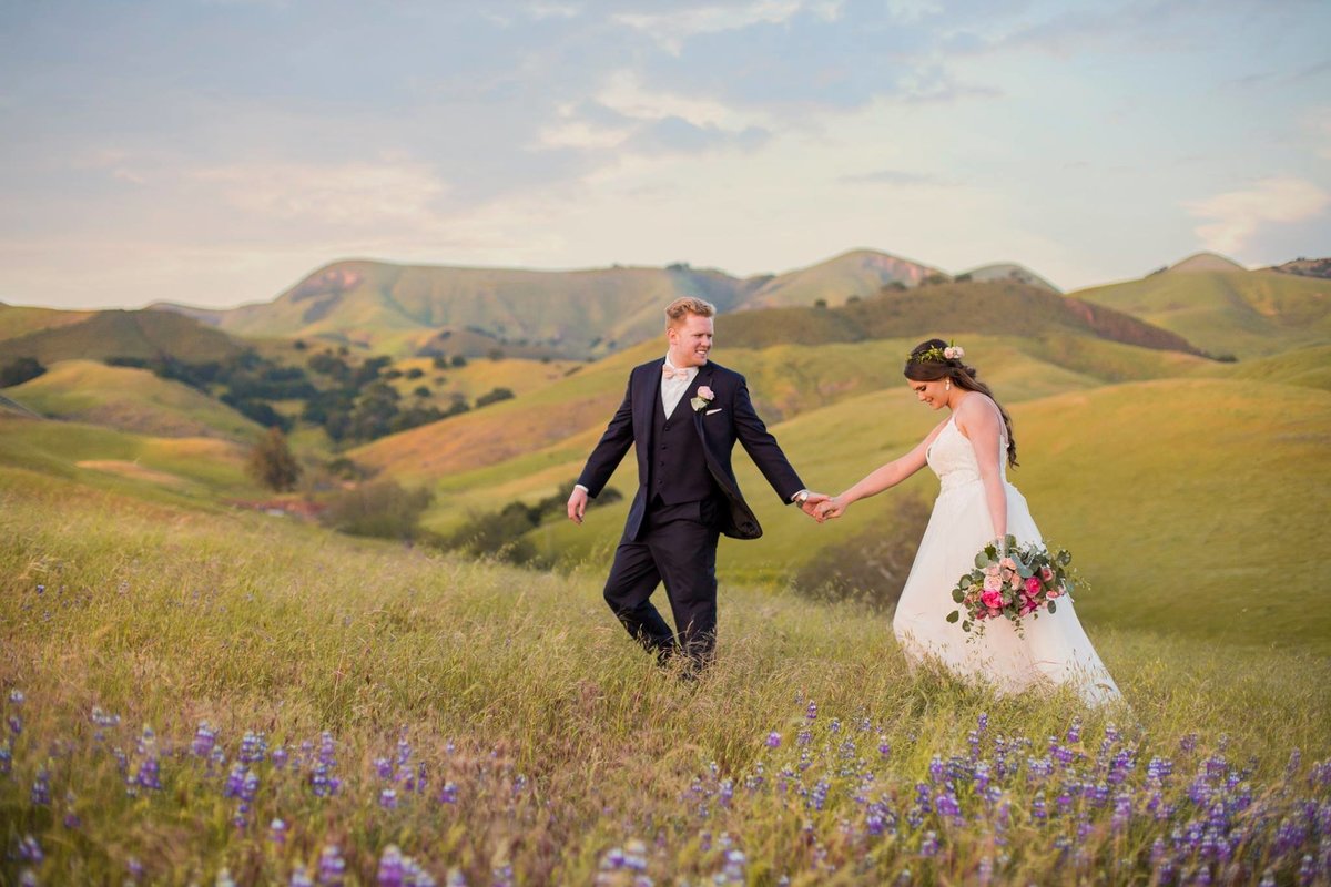 Wedding Photography, bride and groom walking up a hillside