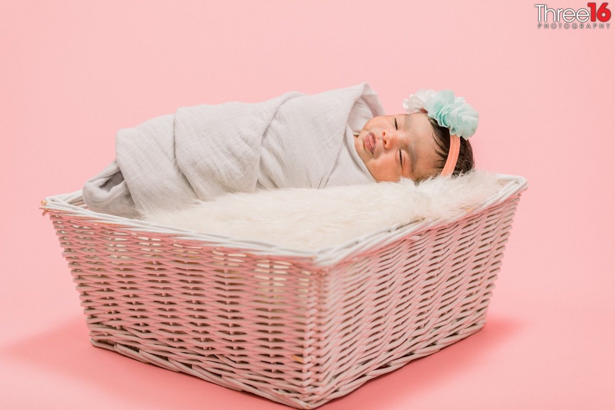 Baby lays in a basket during photography session