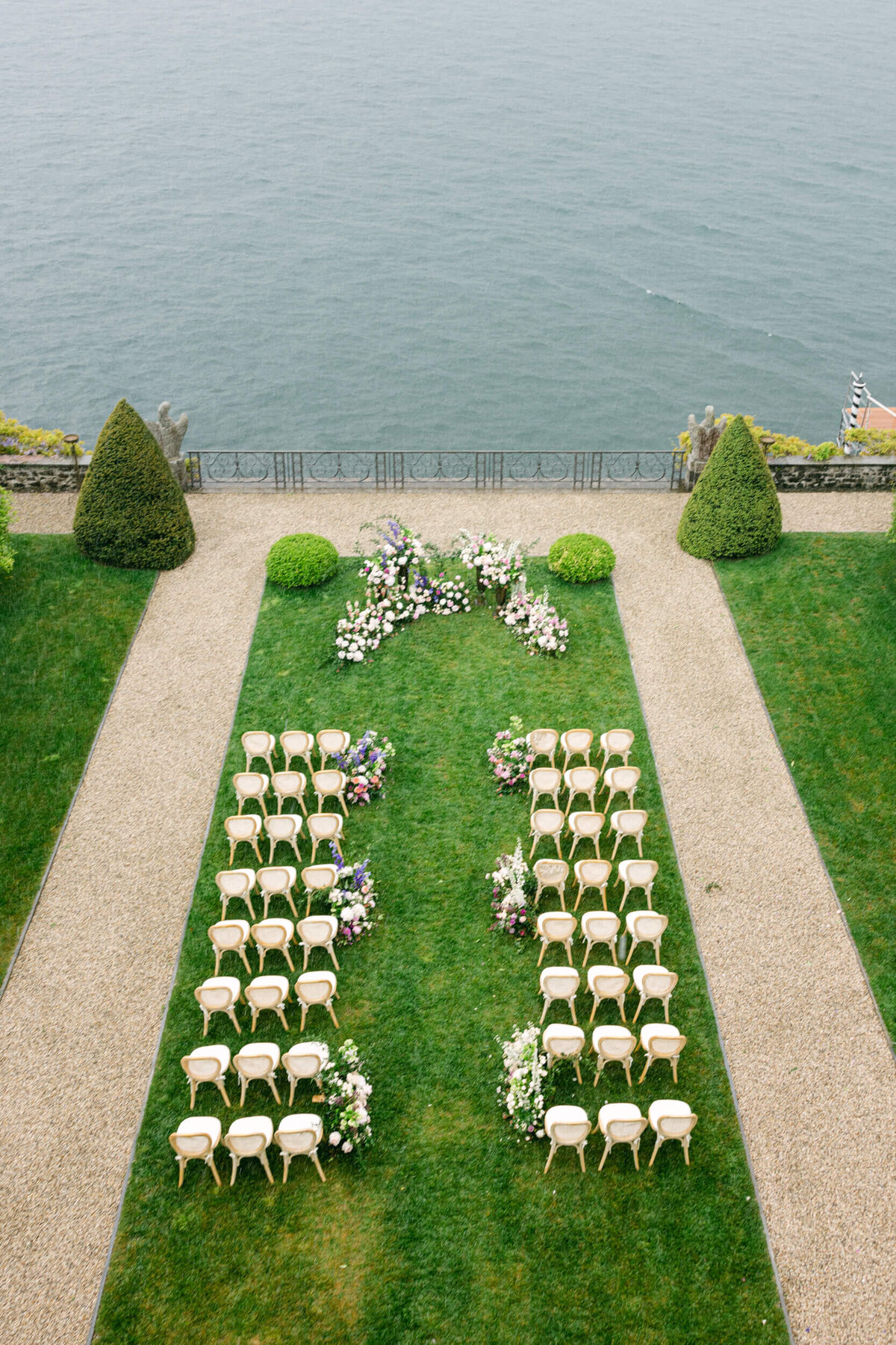 A wedding photo of the ceremony area at villa balbiano on lake como in italy