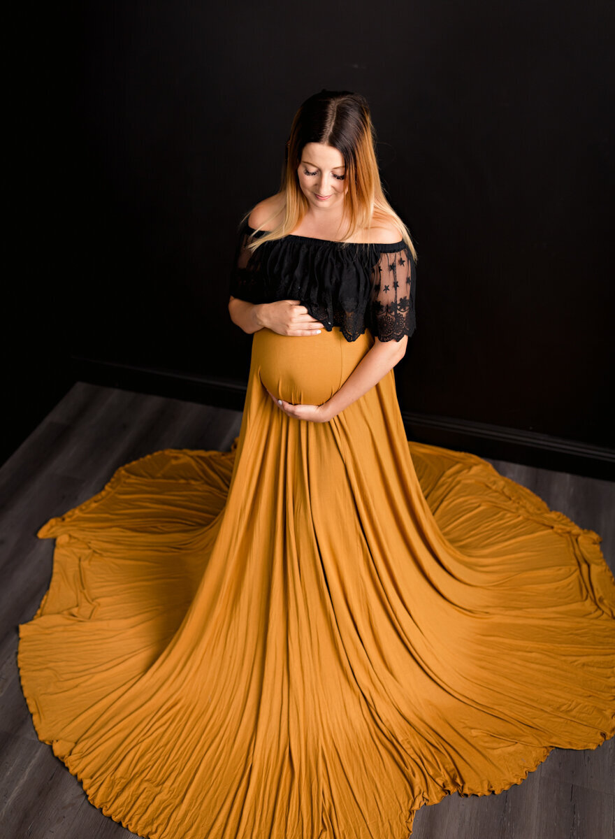 Mustard yellow maternity gown studio session. Diane Owen Photography.