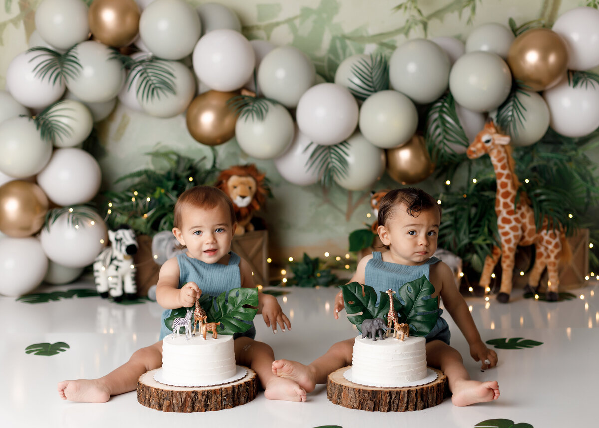 Twin cake smash in top West Palm Beach photography studio. Twin boys wearing blue jumpers are looking at the camera. White iced cakes topped with safari animals and greenery are in front of them. In the background, there is a gold and white balloon arch interlaced with greenery.  Safari animals are in the background.