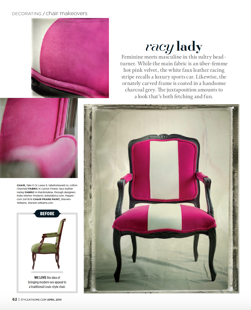 Pink reupholstered antique chair featured in Style At Home Magazine