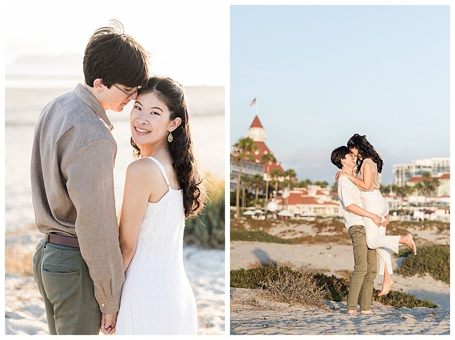 engaged couple in sand dunes coronado san diego