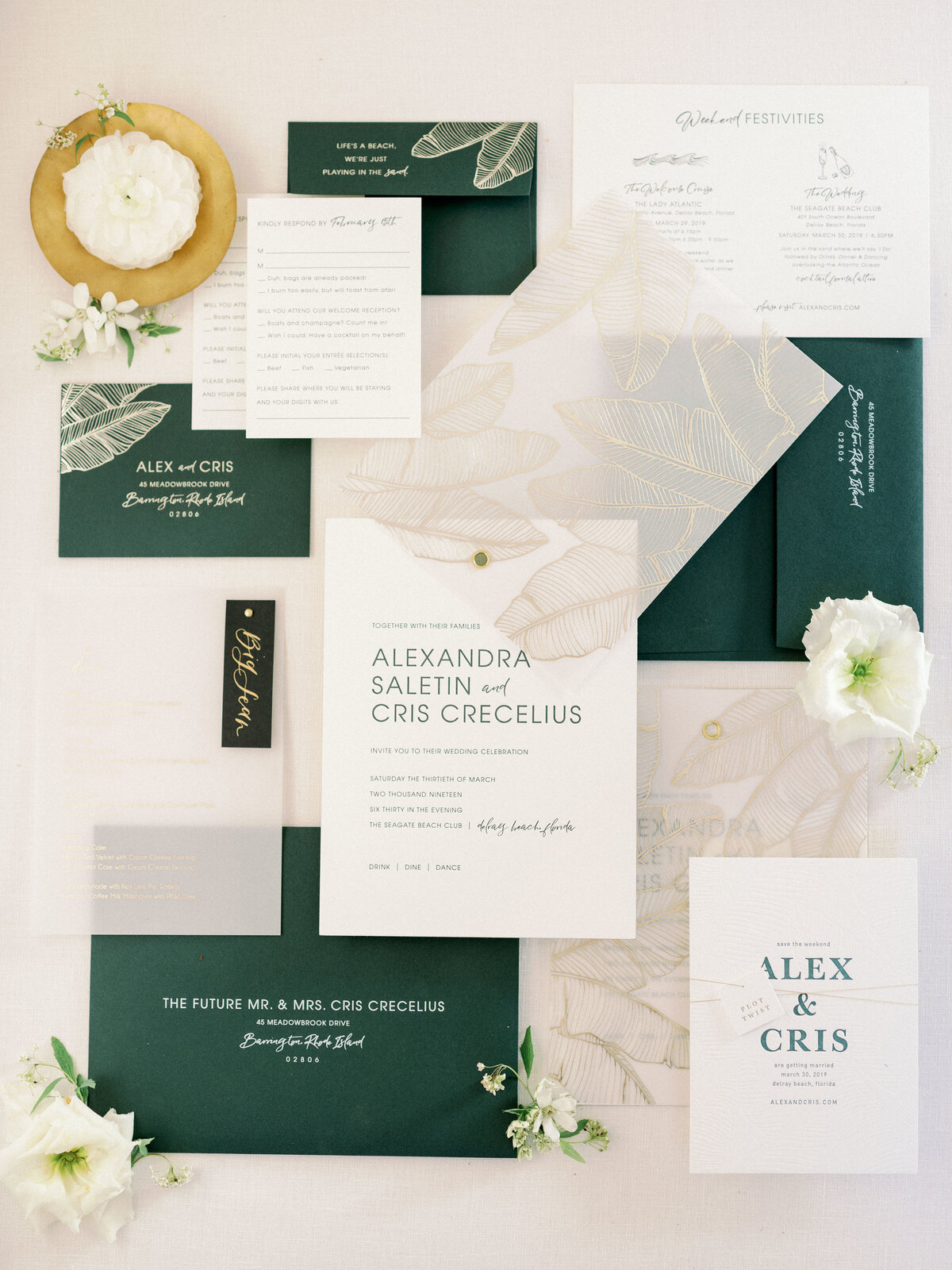 Letterpress and vellum invitation suite for destination Delray Beach Wedding