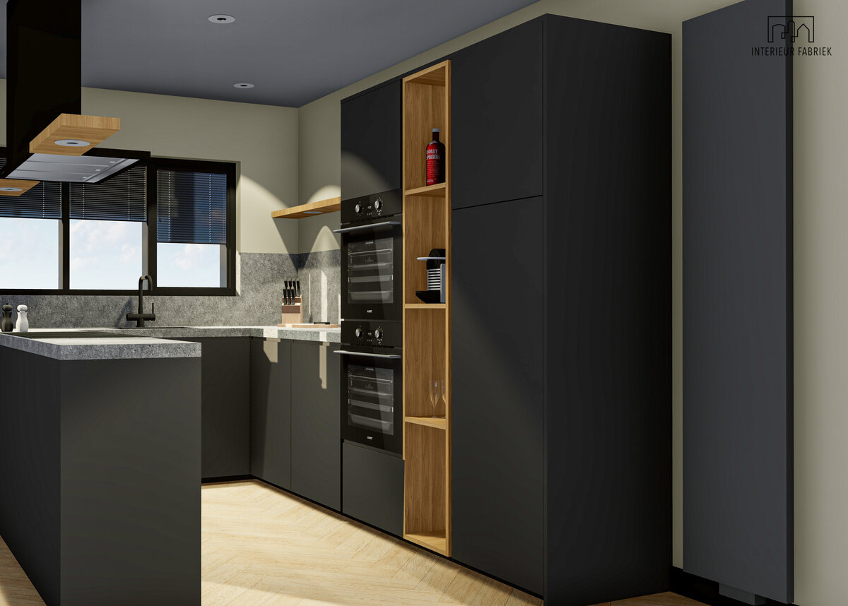 Interieurontwerp Woerden - Interieuradvies Woerden, Zwarte keuken Woerden - Keukenontwerp Woerden - Interieuradvies Woerden, Hoekbank Woerden, tv meubel Woerden